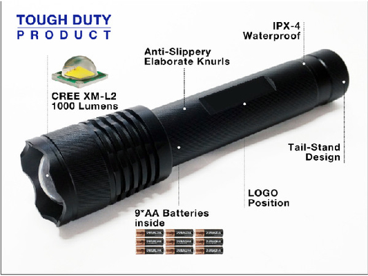 Zoom Head High Security Torchlight 1000 Lumen với pin 9 * AA